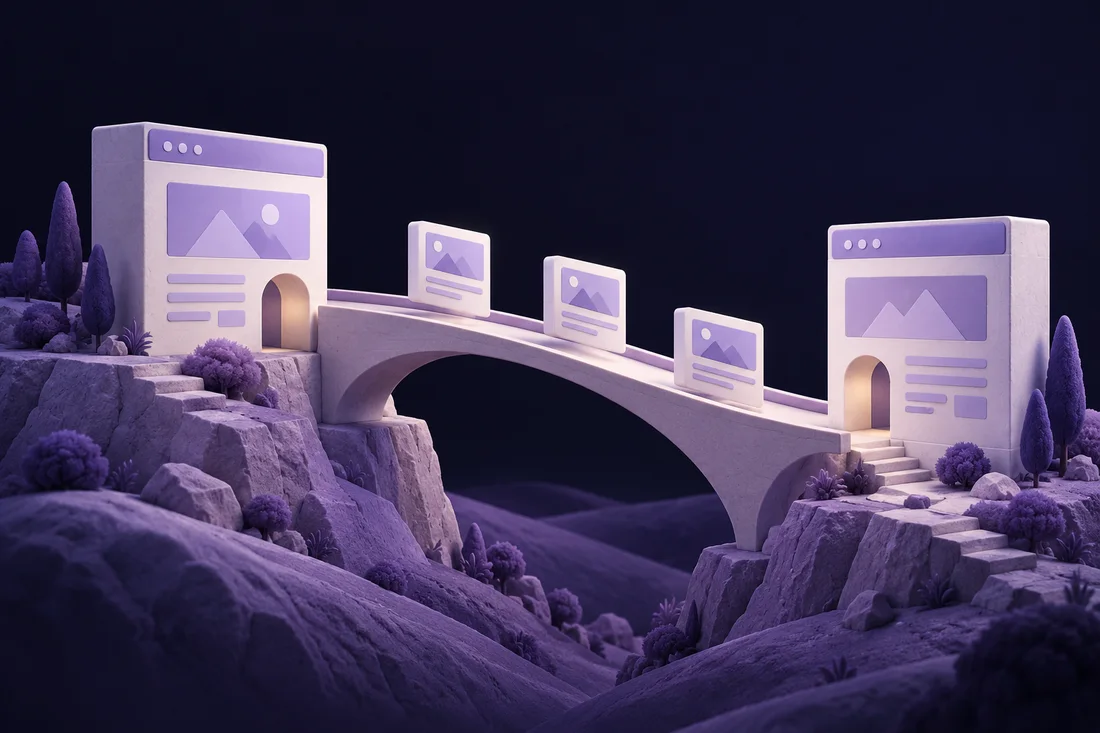 Website-page sculptures connected by a bridge across purple hills.