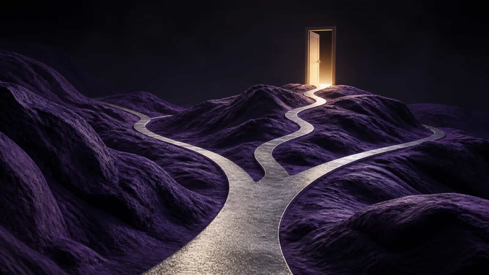 A silver pathway crosses purple ridges towards a warm, open doorway.