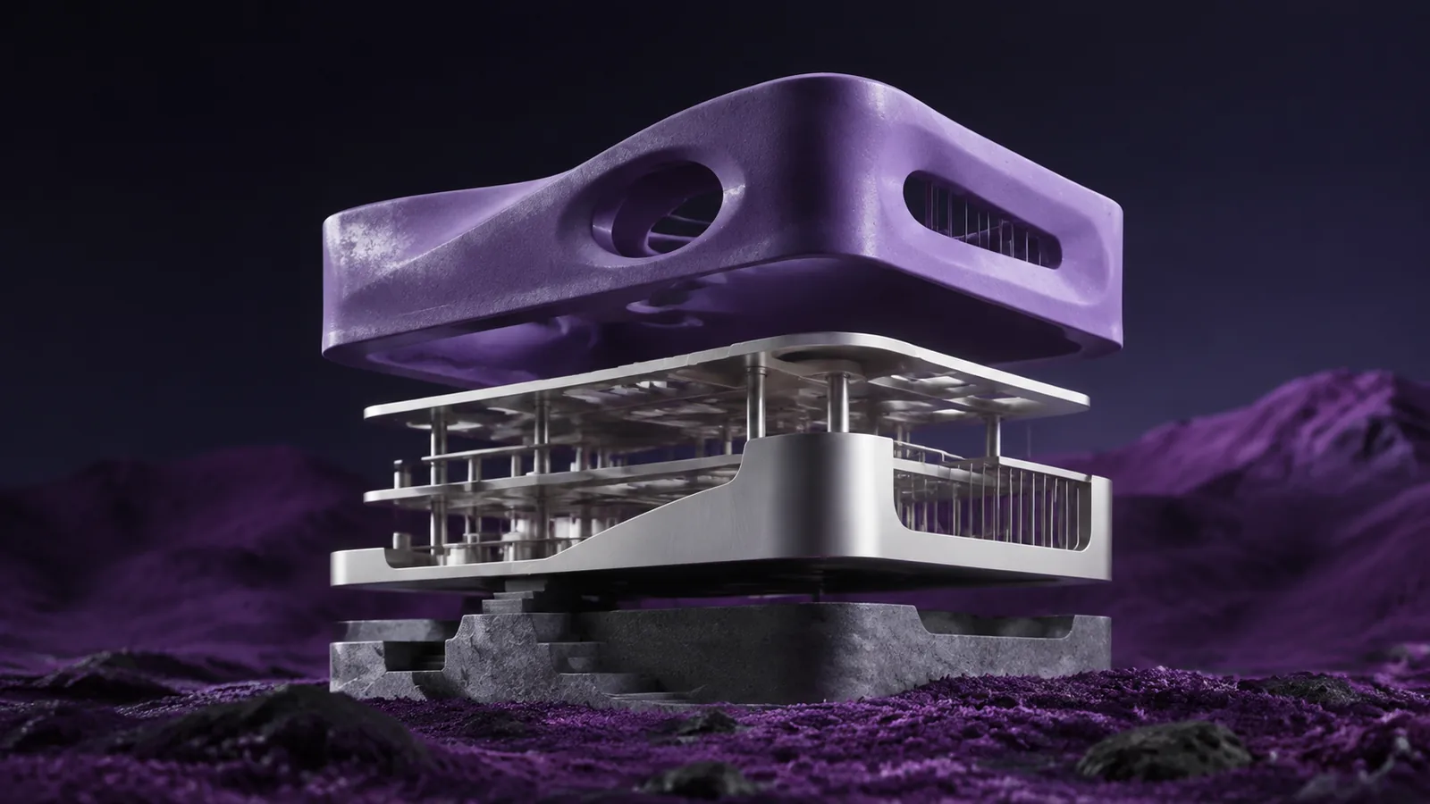 A sculptural building separates into layers, exposing the framework beneath its purple shell.